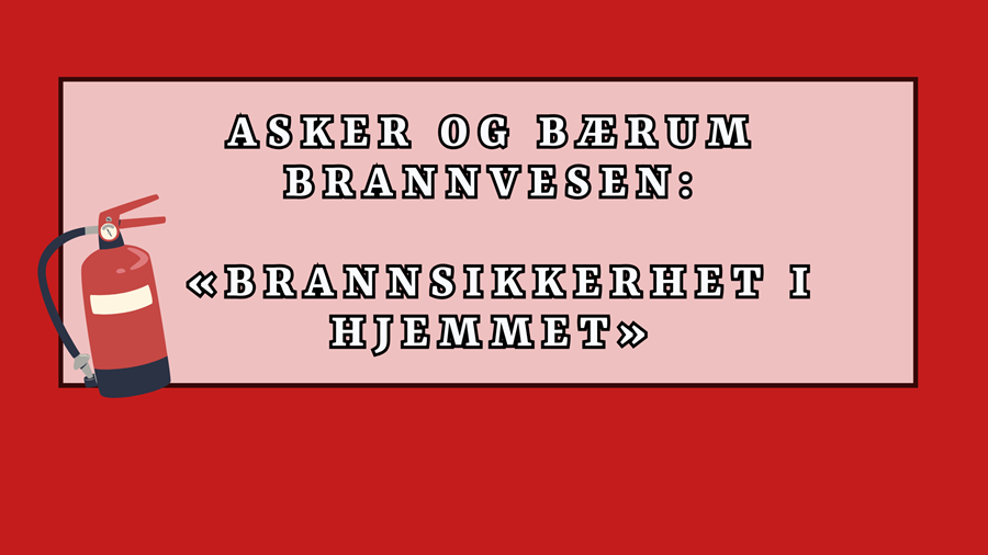 grafisk plakat med navn på foredragsholder og tittel på foredraget, samt et brannslokkningsapparat