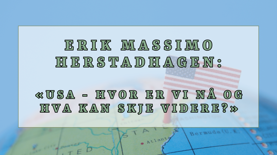 Grafisk plakat med navn på foredragsholder og tittel på foredraget. bakrunn er det kart over usa og et usa flagg.