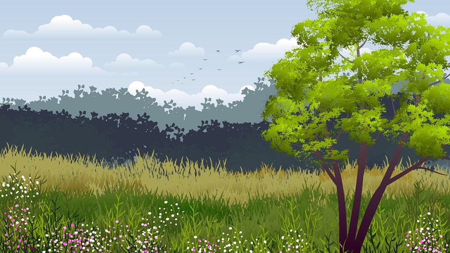 Digital illustrasjon av en blomstereng, hvite og rosa blomster, grønt løvtre.