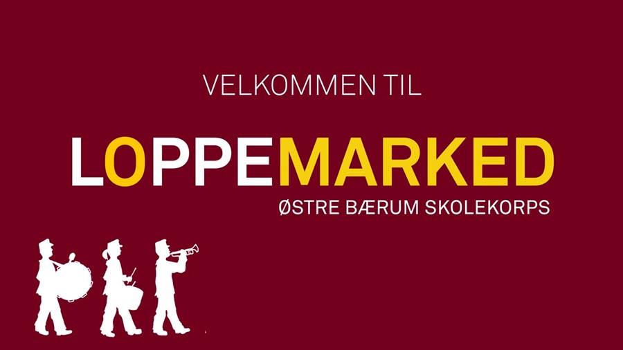 Musikanter som marsjerer og grafikk om loppemarkdet
