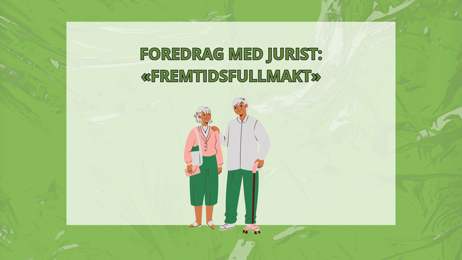 Grønn Grafisk plakat med foredragstittel og grafikk av to seniorer