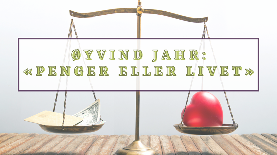 Grafisk plakat med navn på foredragsholder og tittel på foredrag. I bakgrunnen er det en vekt som veier penger mot et hjerte.