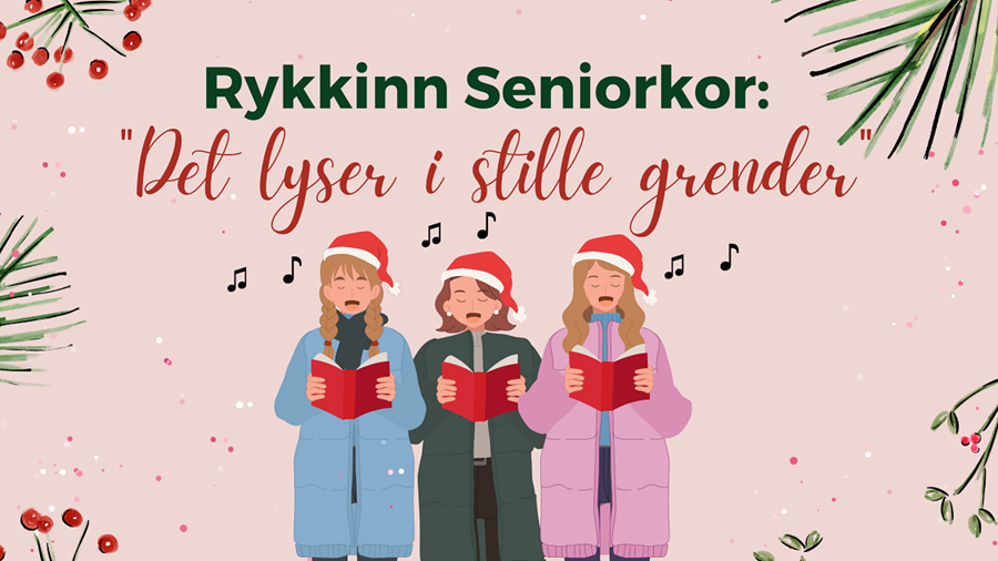 Grafisk plakat med tittel på kor og konsert samt grafikk av 3 mennesker som holder en bok hver mens de synger