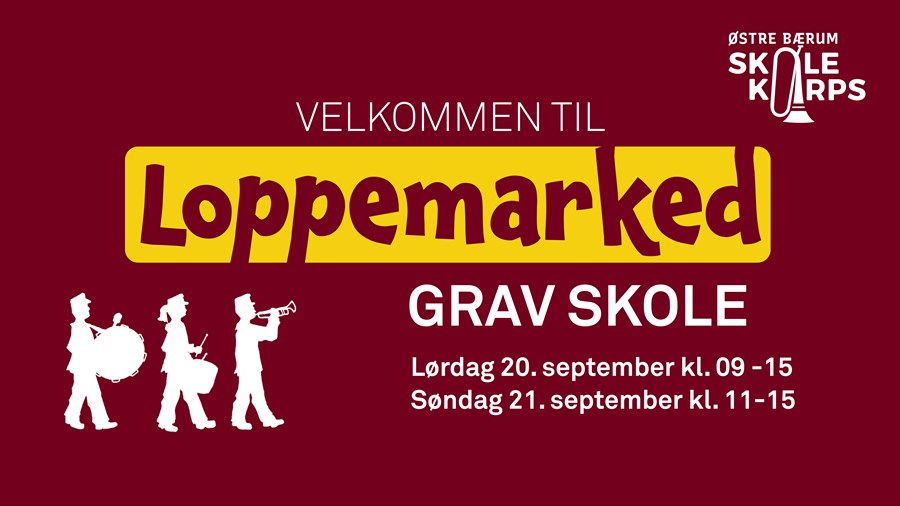 Banner som ønsker velkommen til loppemarked på Grav skole