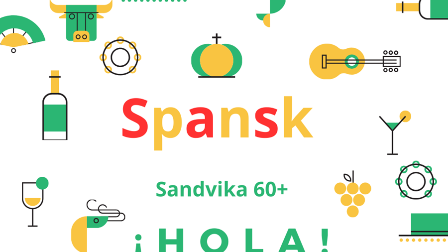 spanske elementer som vinflaske, vinglass, gitar, druer, fisk og oksehode